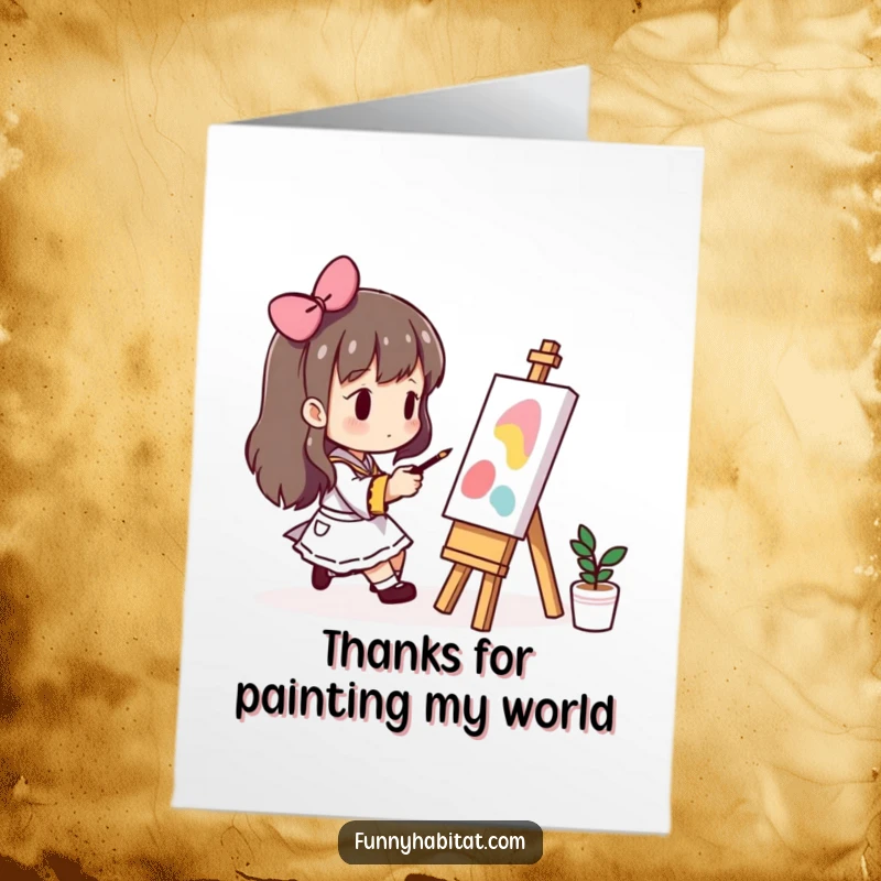 Funny Free Printable Thank You Card: A character engrossed in painting on a small easel, conveying thanks.