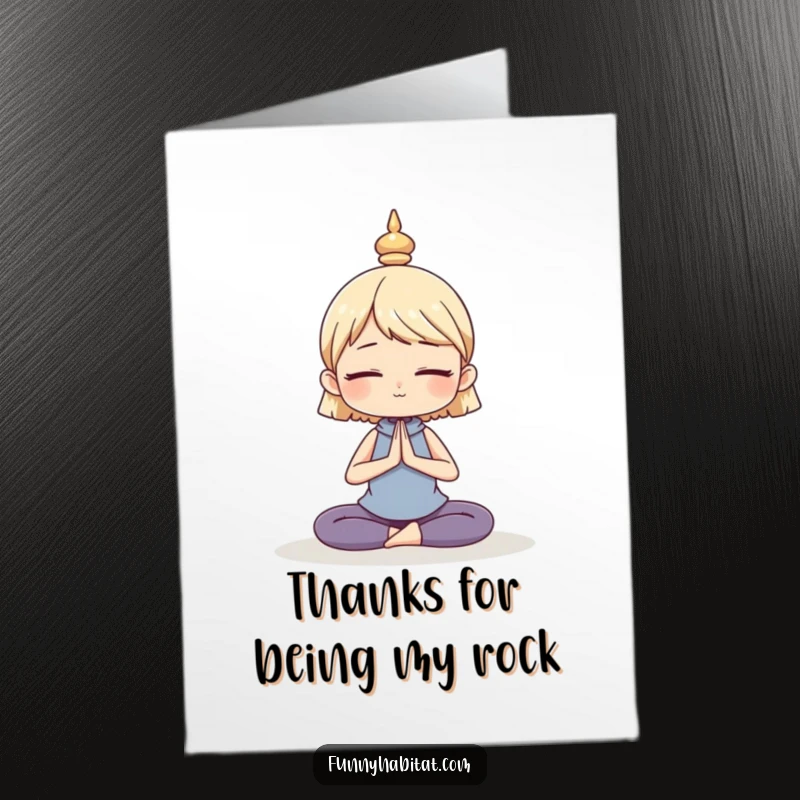 Funny Free Printable Thank You Card: A character in a meditative yoga pose, symbolizing calm and heartfelt thanks.