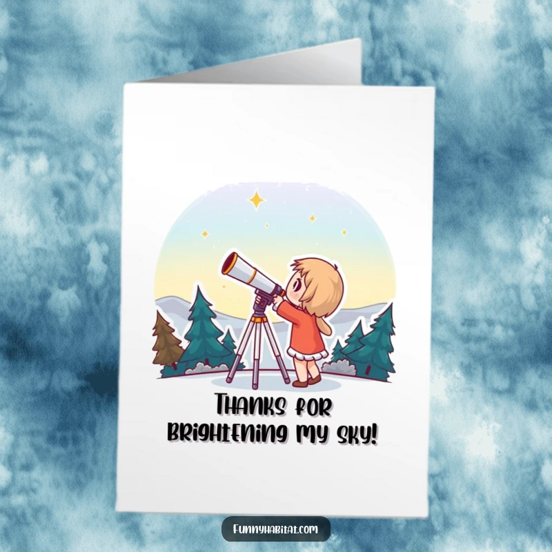 Funny Free Printable Thank You Card: A character gazes at the stars through a telescope, pointing towards a bright 'Thank You' constellation.