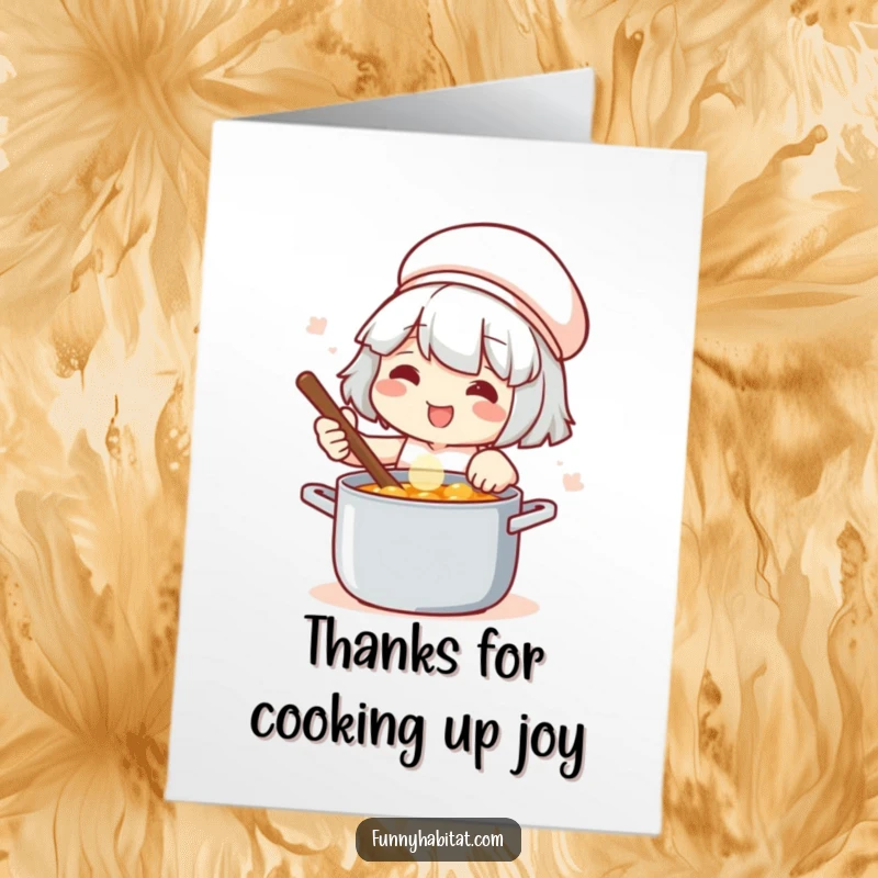 Funny Free Printable Thank You Card: A character stirring a pot with a satisfied smile, expressing thanks with culinary flair, a downloadable gift.