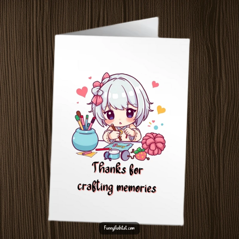 Funny Free Printable Thank You Card: A character focused on a colorful craft, expressing thanks with artistic flair, a downloadable gift.