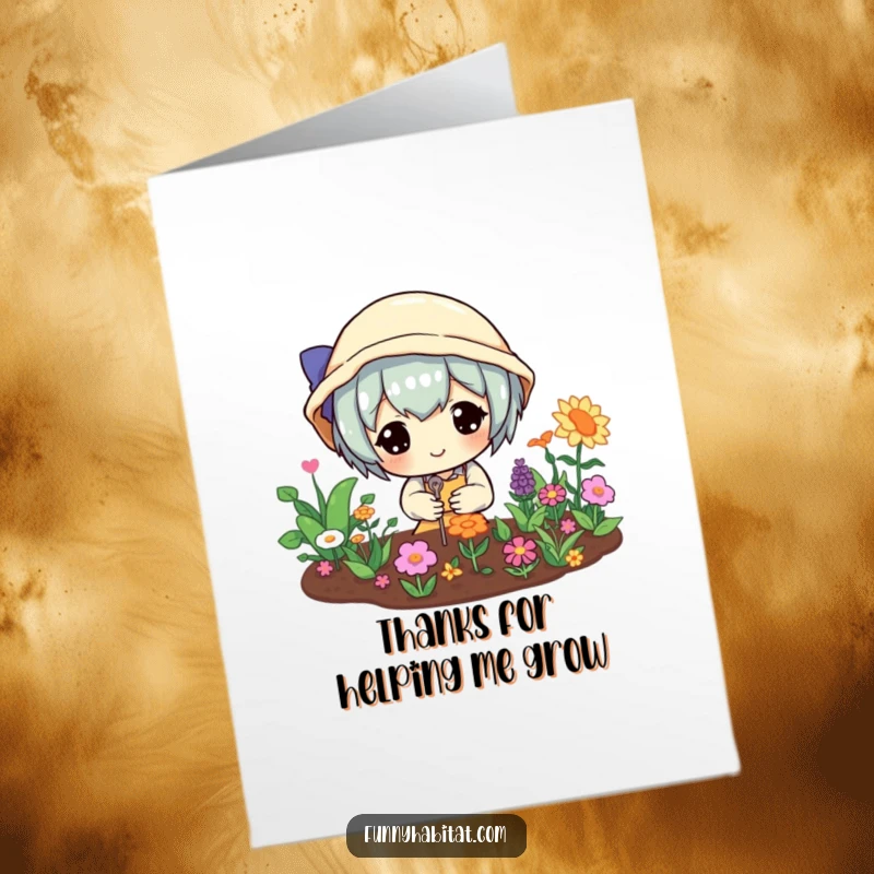 Funny Free Printable Thank You Card: A character happily watering plants in a small garden, symbolizing nurturing and gratitude.