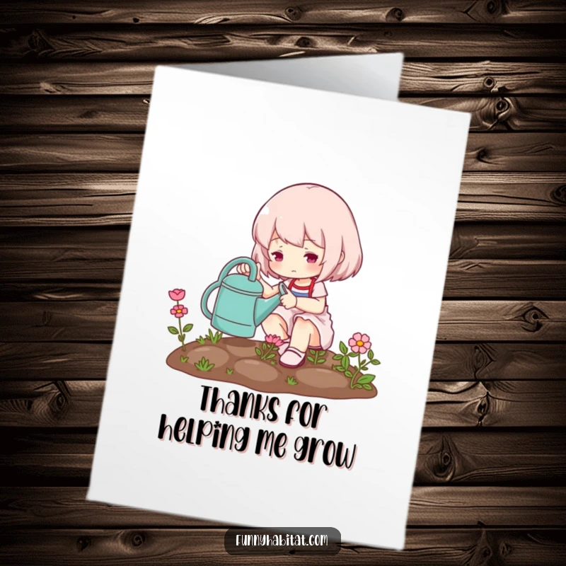 Funny Free Printable Thank You Card: A character tending a small garden with a watering can, expressing thanks.