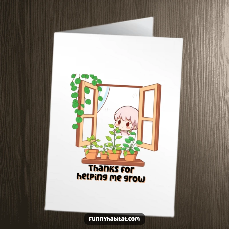Funny Free Printable Thank You Card: Cute character smiling while watering a small, healthy potted plant, expressing gratitude.