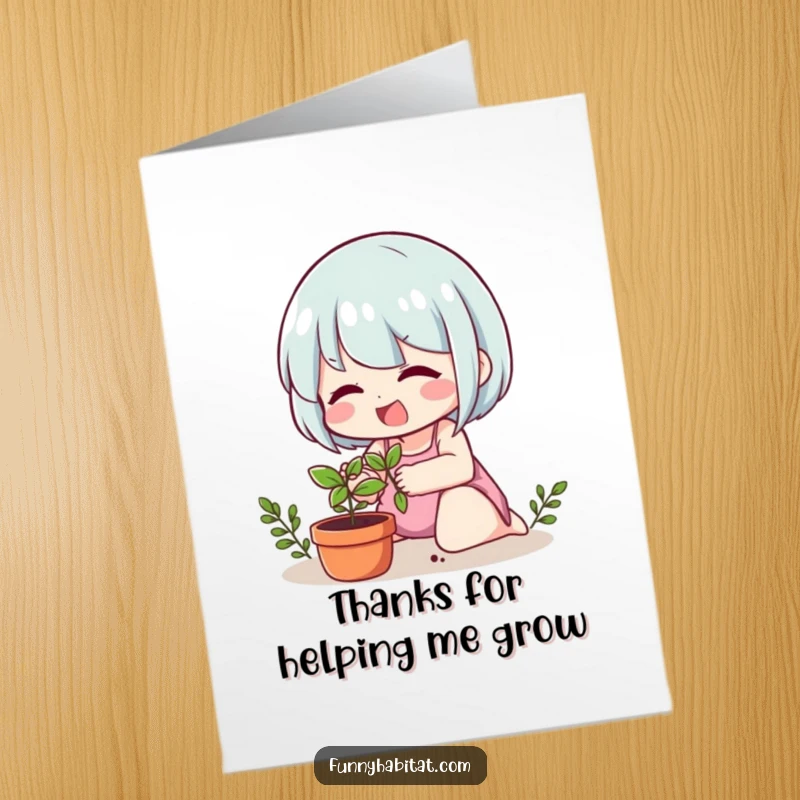 Funny Free Printable Thank You Card: Cheerful character carefully watering a small plant, sending heartfelt thanks.