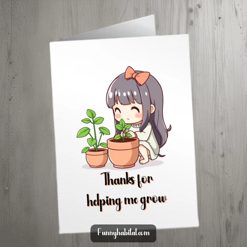 Funny Free Printable Thank You Card featuring a cute character watering a small, flourishing plant, symbolizing growing appreciation.