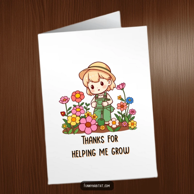 Funny Free Printable Thank You Card: A smiling gardener gently waters colorful flowers, conveying sincere thanks.