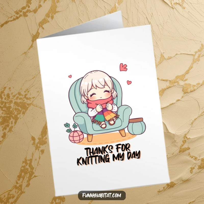 Funny Free Printable Thank You Card: Cute character knitting a colorful scarf from their armchair, expressing gratitude.