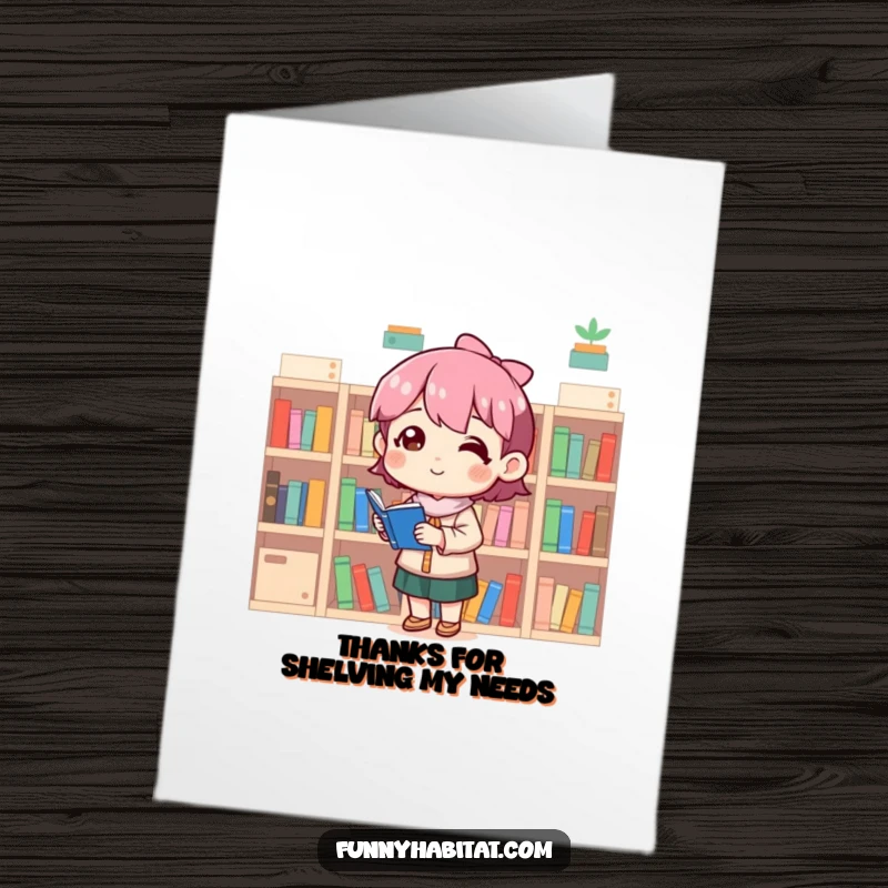 Funny Free Printable Thank You Card: A character smiles contentedly while tidying tiny bookshelves, a sweet thank you.