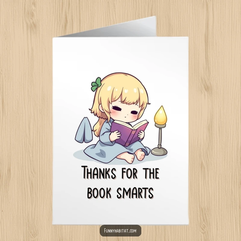 Funny Free Printable Thank You Card: A happy character offering thanks while holding a book, conveying thoughtful appreciation.