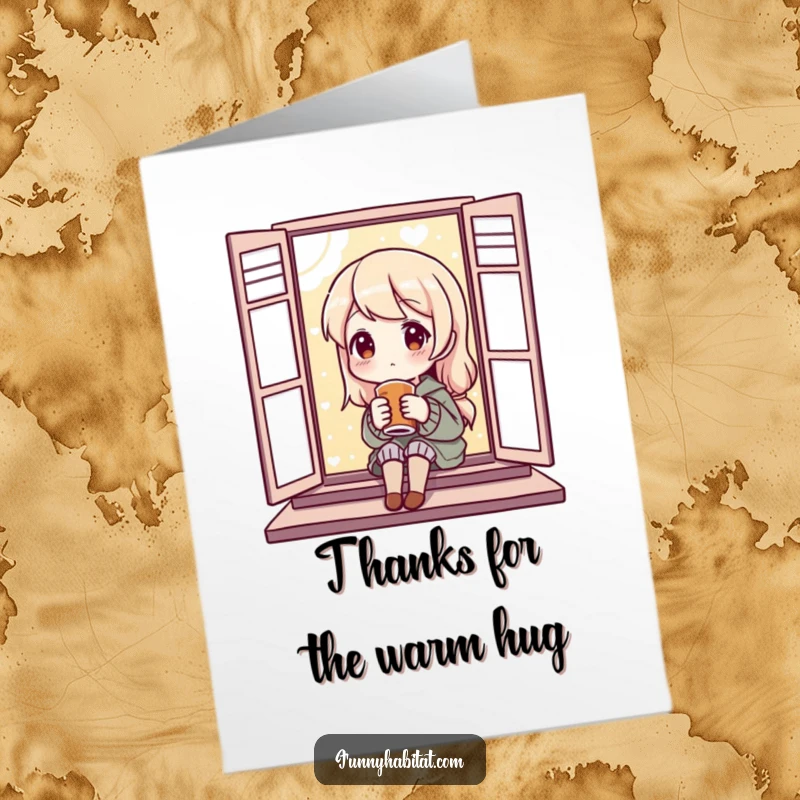 Funny Free Printable Thank You Card featuring a character contentedly holding a warm drink, a cozy downloadable gift.