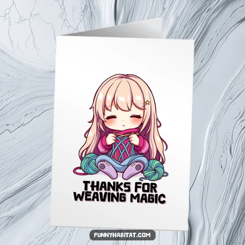 Funny free printable thank you card: A character happily knits with colorful yarn, weaving a message of gratitude and warmth.