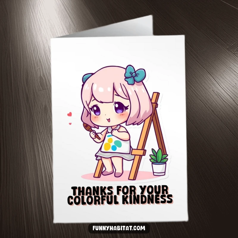 Funny Free Printable Thank You Card with an artist character creating a beautiful painting to show gratitude.