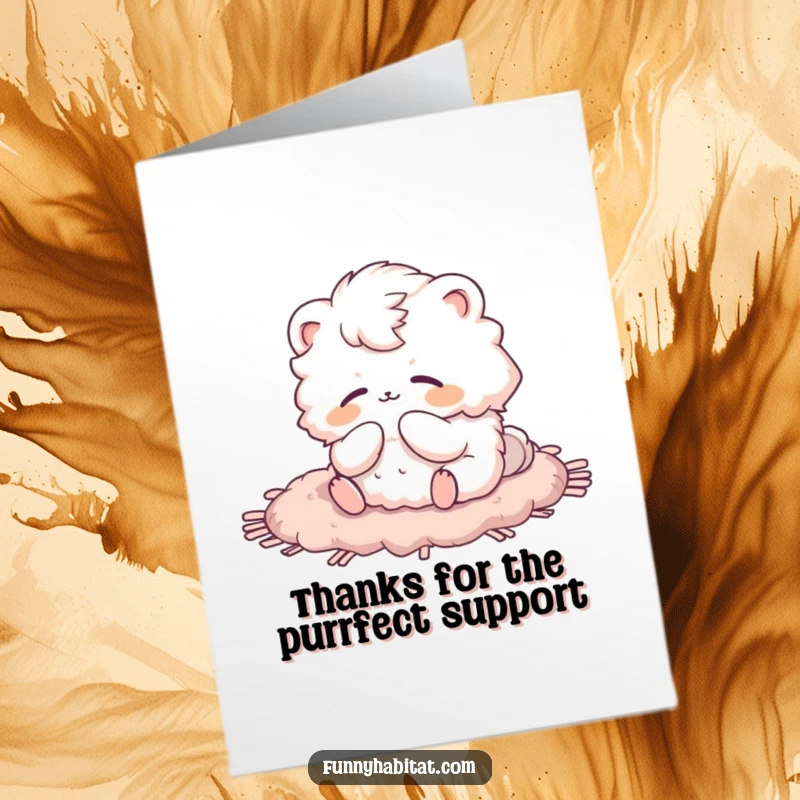 Funny Free Printable Thank You Card: Fluffy animal character contentedly grooming itself on a soft rug, a symbol of comfort.