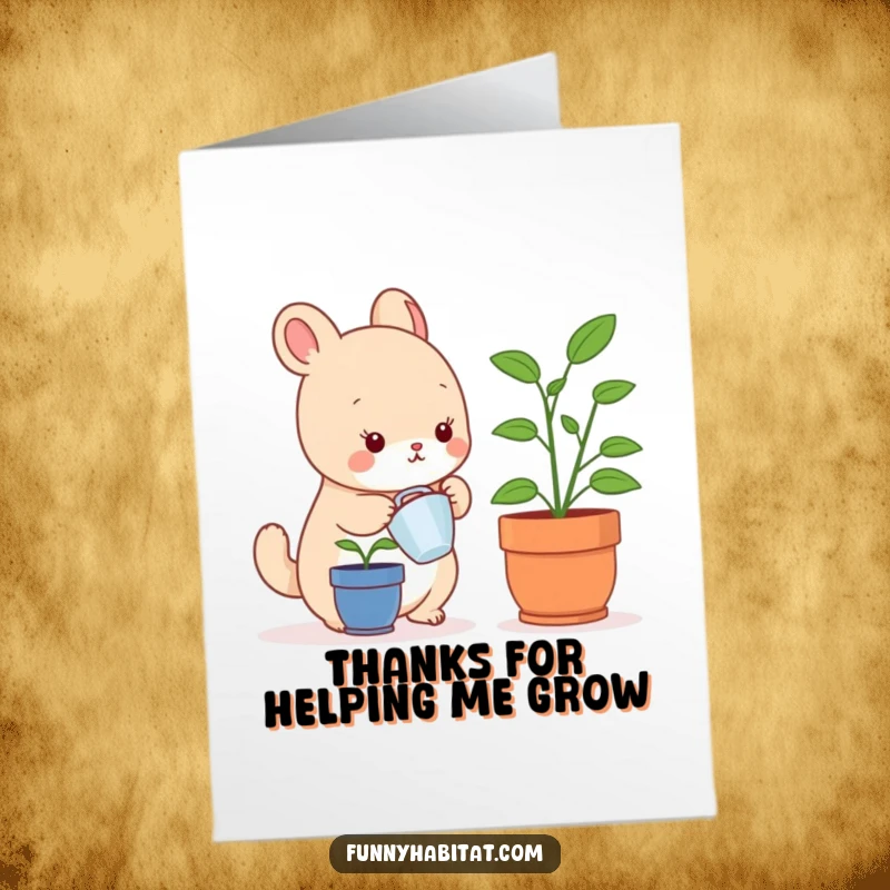 Funny Free Printable Thank You Card: Admirable small animal character watering a small potted plant, expressing gratitude.