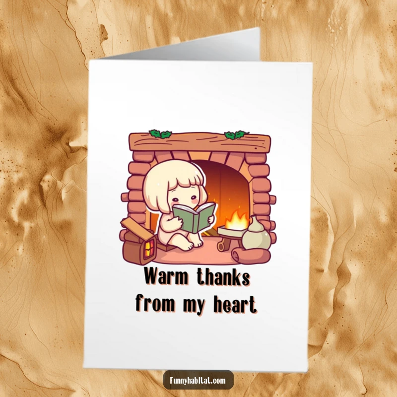 Funny Free Printable Thank You Card: A character relaxes with a book by a crackling fireplace. Downloadable thanks!