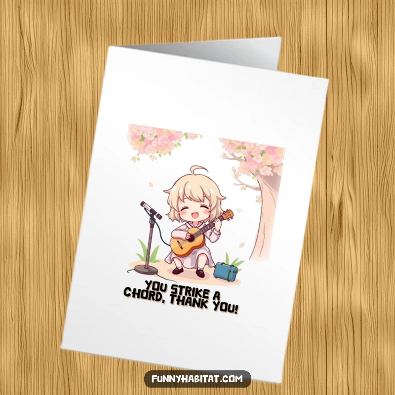 Funny Free Printable Thank You Card: A character joyfully plays a violin outdoors with a big smile. Downloadable thanks!