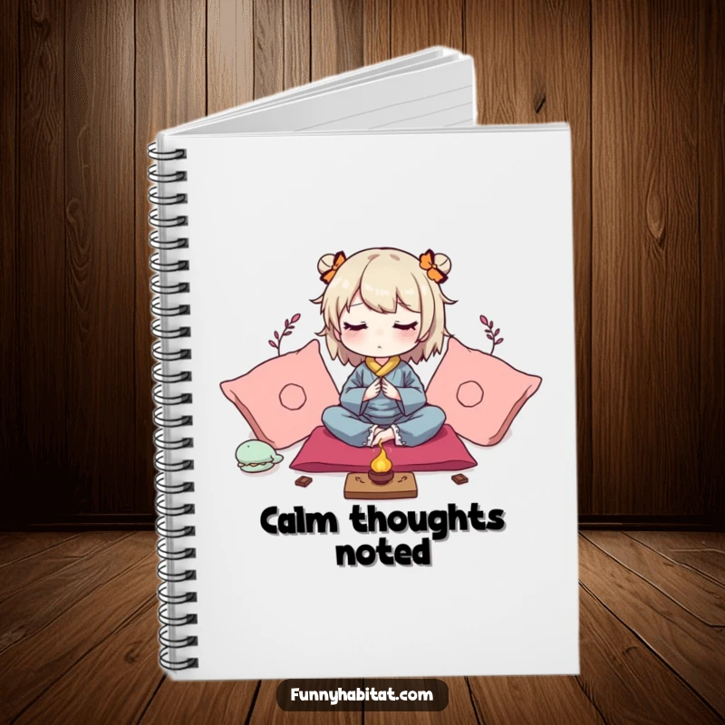 Funny notebook with a peaceful character meditating amongst soft cushions and gentle incense, for journaling.