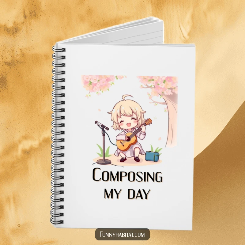 Funny notebook with a character playing a cheerful tune on a guitar outdoors, ideal for notes and sketches.