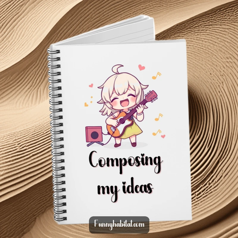Funny notebook with a character joyfully playing a musical instrument, perfect for jotting down notes and ideas with a smile.