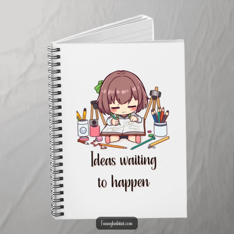 Funny artist notebook featuring a character sketching, perfect for jotting down creative ideas and artistic inspiration.