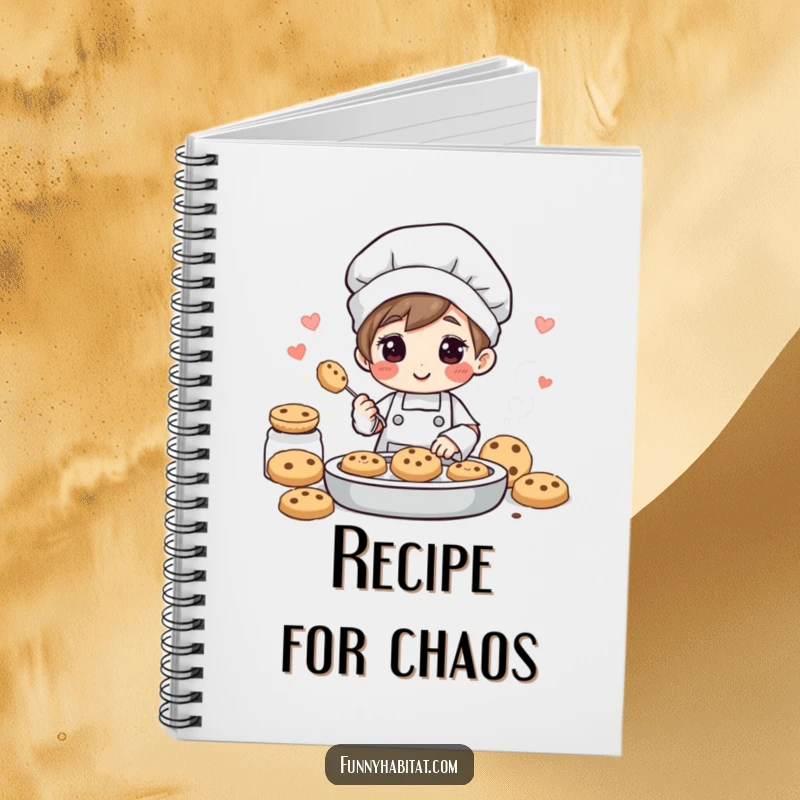 Funny notebook with a cheerful character baking cookies and sending out pleasant aromas, ideal for recipe writing.
