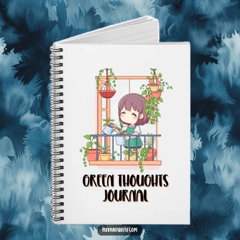 Funny notebook with a character watering hanging plants from a balcony, ideal for plant care notes, journaling, and creative ideas humorously.