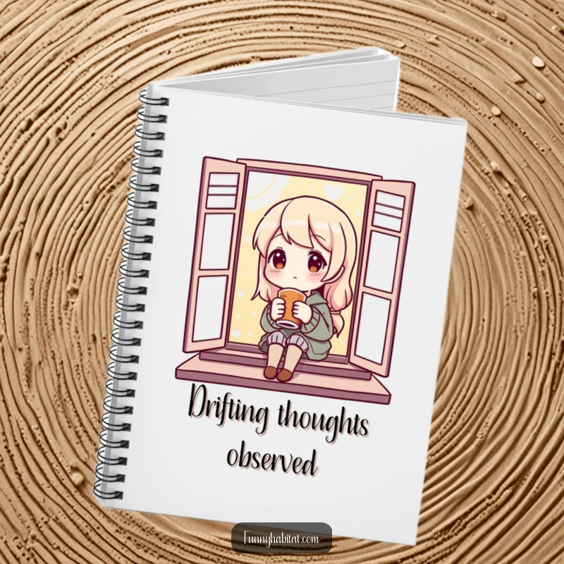 Funny Notebook with a content character enjoying a warm beverage by a window, perfect for jotting down thoughts or relaxation ideas.