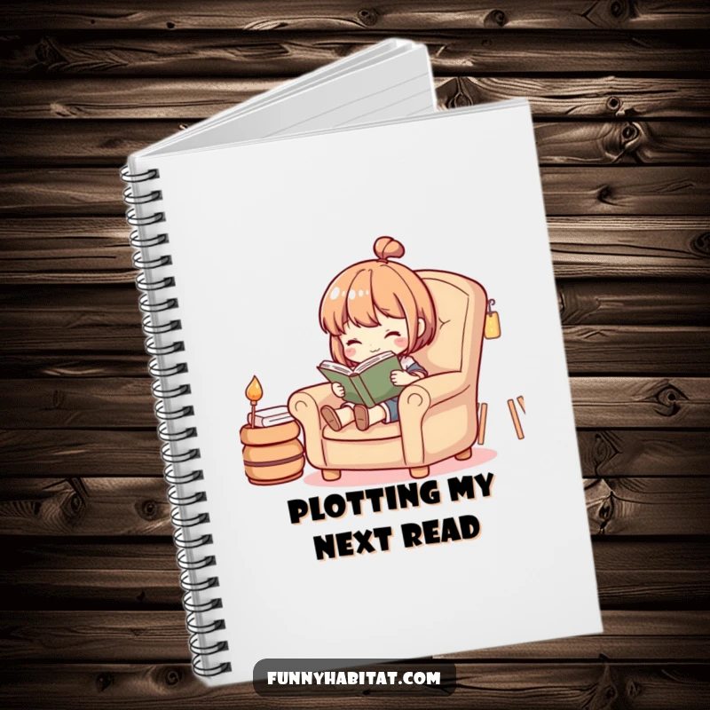 Funny notebook with a cover depicting a character absorbed in a book within a cozy armchair, ideal for note-taking.