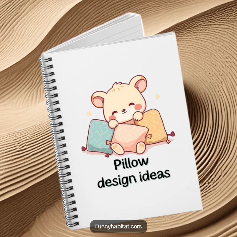 Funny notebook with an animal character playfully rearranging pillows, great for design ideas and notes.