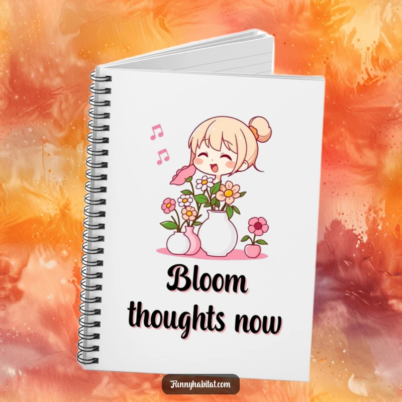 Funny notebook featuring a character humming while arranging flowers in a vase; ideal for journaling and sketching.