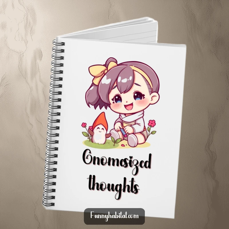 Funny notebook cover with a character smiling while tending to a small garden gnome, perfect for journaling and creative notes.