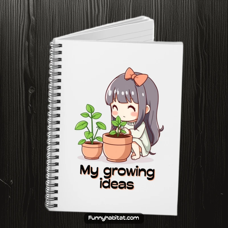 Funny Kawaii Notebook, a cute character tends a small flourishing plant, ideal for nature journaling.