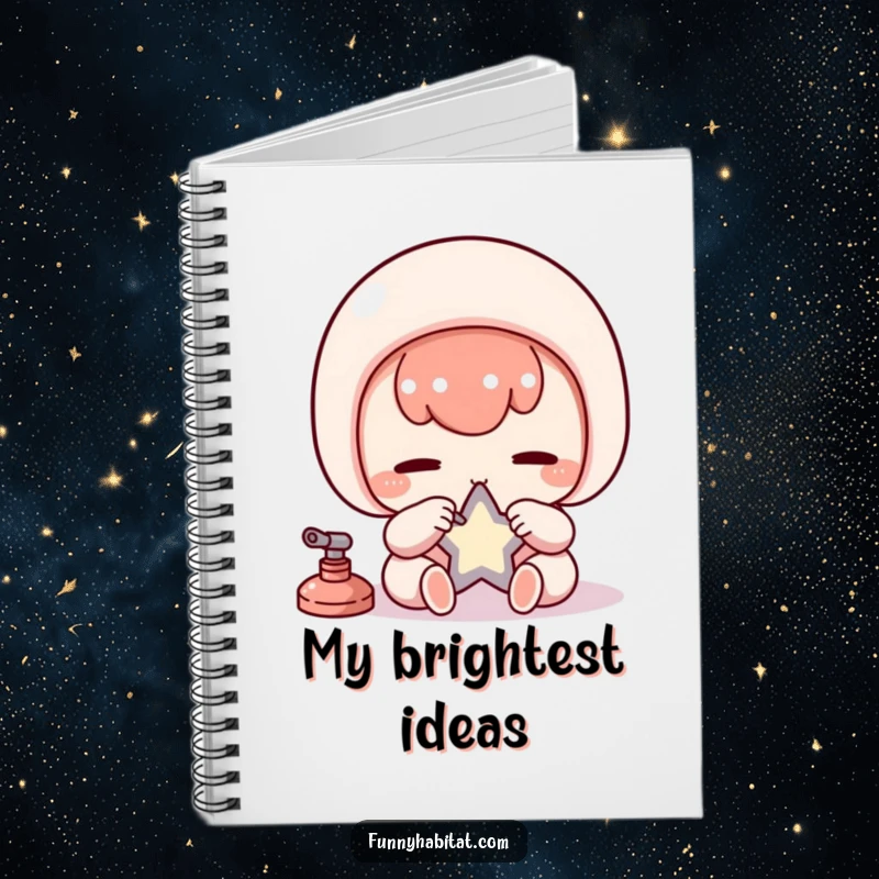 Funny Kawaii Notebook, a diligent character carefully polishes a small star, ideal for focused journaling.