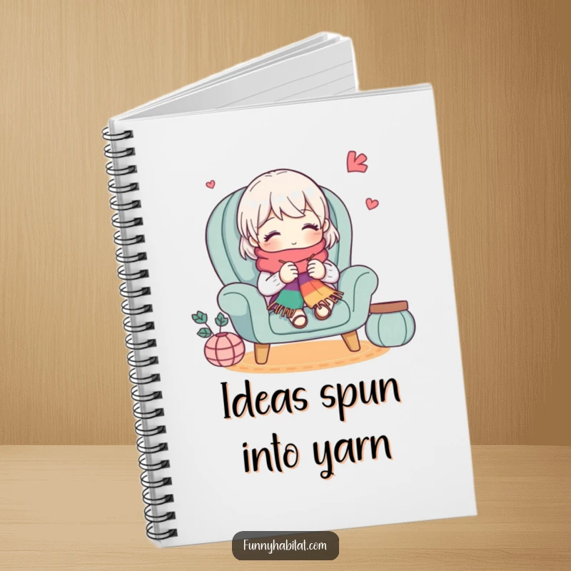 Funny notebook with a cute character knitting a colorful scarf in a cozy armchair, ideal for creative writing and humorous journaling.