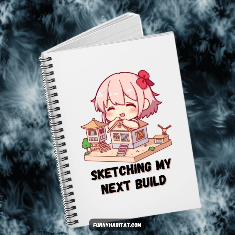 Funny notebook with a character happily building a small, intricate model structure, great for jotting plans.