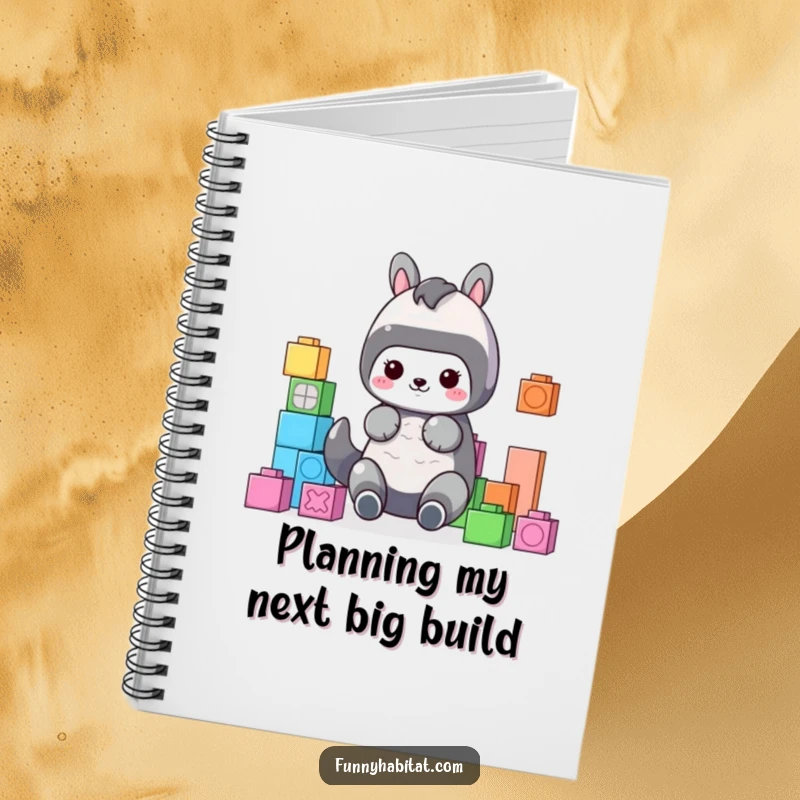 Funny Notebook with a cute animal character organizing colorful building blocks, perfect for jotting down organized thoughts and ideas.