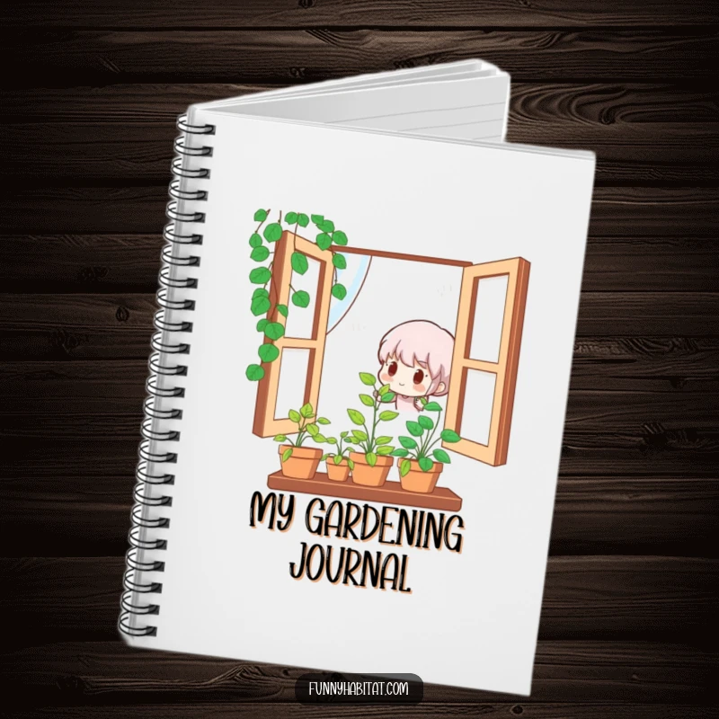 Funny notebook with a cute character happily watering a small, vibrant potted plant in a window, for writing and notes.