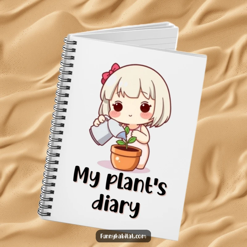 Funny plant notebook, a cute character happily watering a plant, perfect for writing, planning, or journaling garden ideas.