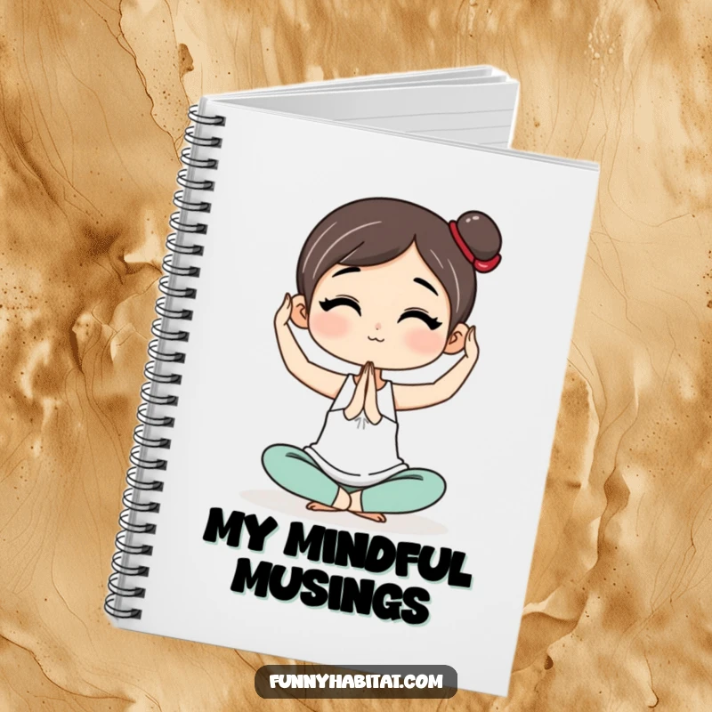 Funny Notebook with a character practicing a simple yoga pose, perfect for journaling, sketching, or noting wellness goals.