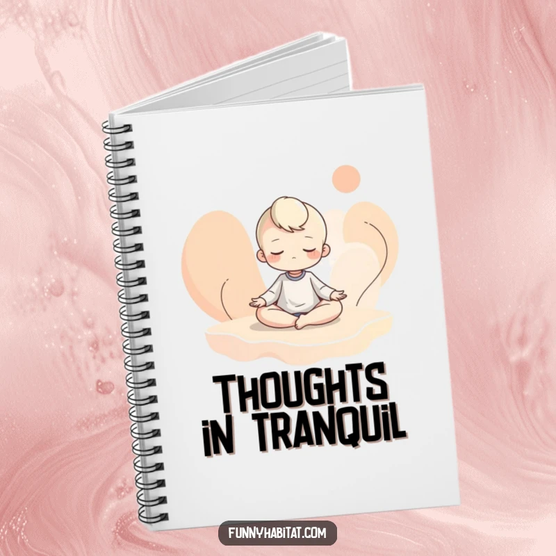Funny notebook with a character meditating amidst abstract shapes, ideal for journaling, mindfulness, and capturing peaceful thoughts humorously.
