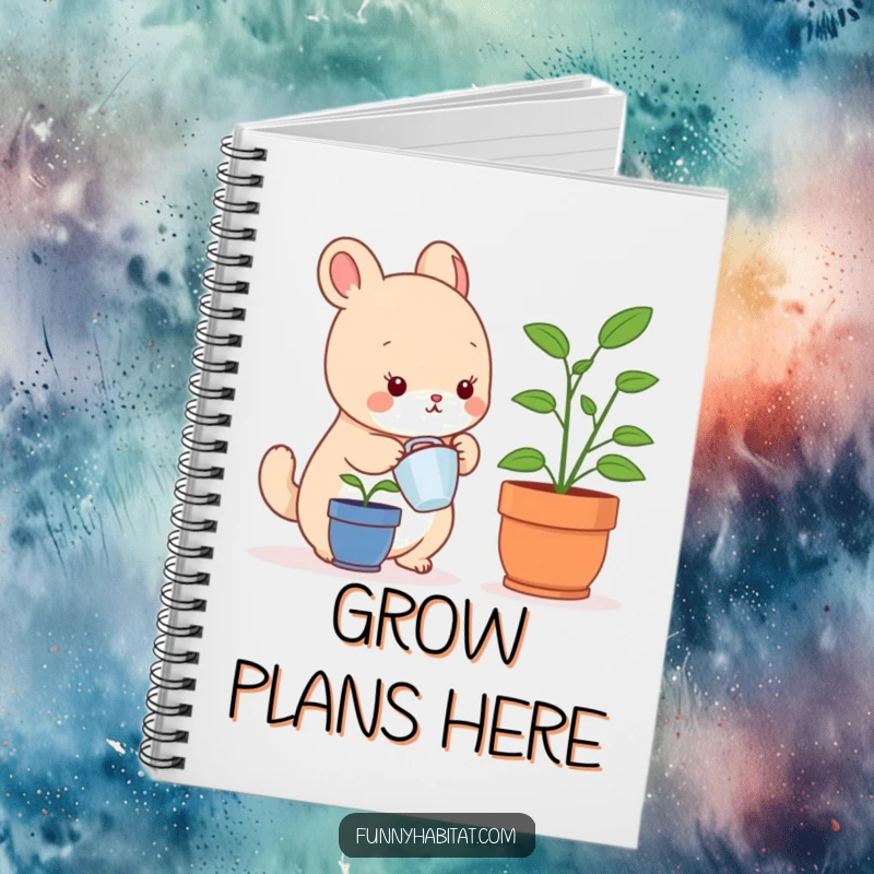 Funny notebook with a small animal character happily watering a tiny potted plant, great for journaling and notes.
