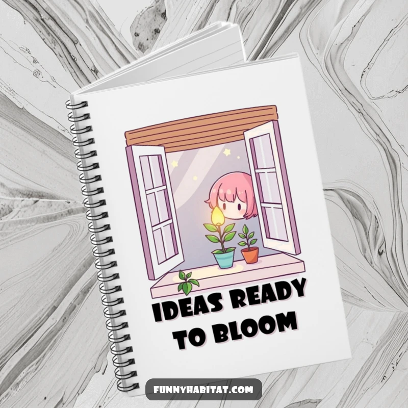 Character gently caring for a small, glowing plant in a window, featured on a notebook cover.