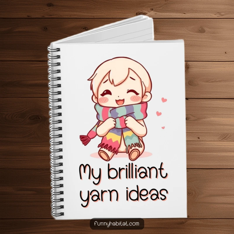 Funny notebook with a content smiling knitter character knitting a long, colorful scarf, inspiring creative ideas on pages.