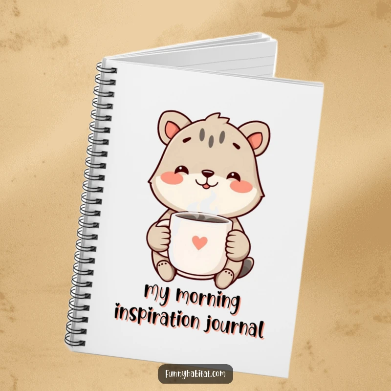Funny Notebook with a cheerful animal sporting a big smile, holding a steaming mug, perfect for jotting down happy ideas.