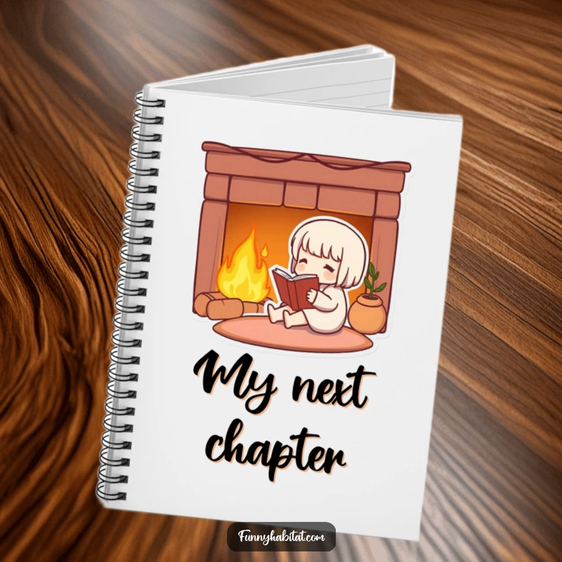 Funny notebook featuring a cute character reading by a warm fireplace, inviting creativity and note-taking.