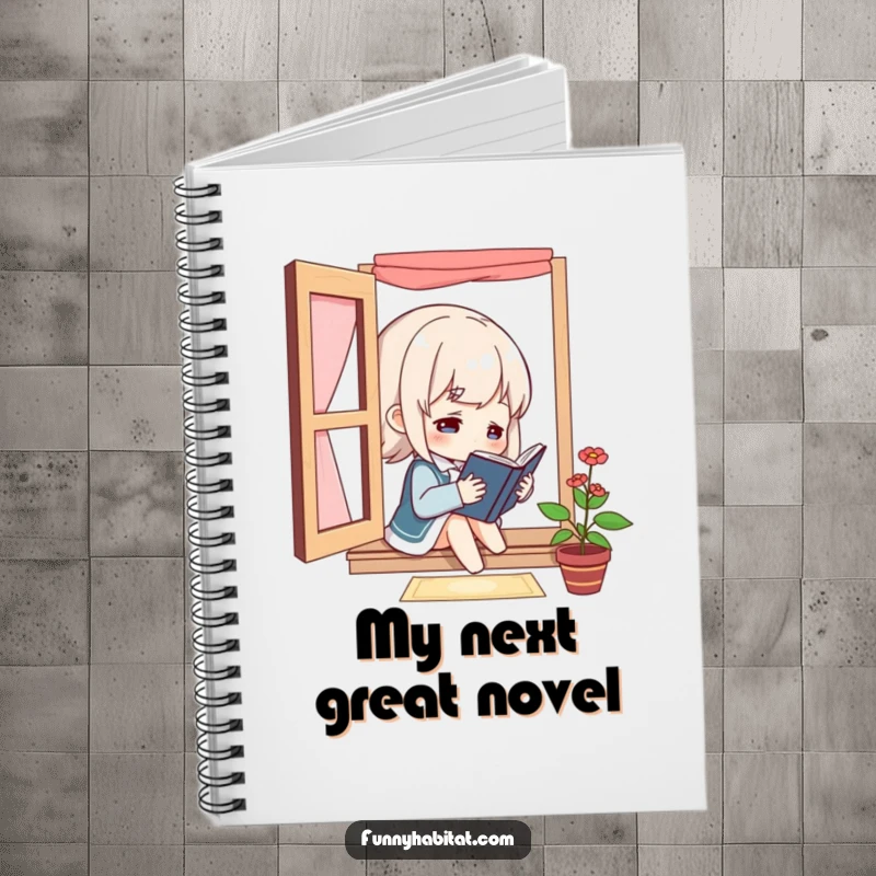 Funny character reading a book by a window on a notebook cover, ideal for journaling with a literary and humorous theme.