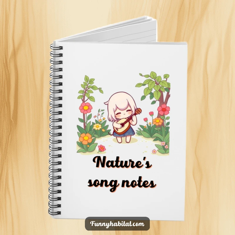 Funny notebook with a character playing a small instrument in a garden, ideal for writing, journaling, and capturing whimsical ideas.