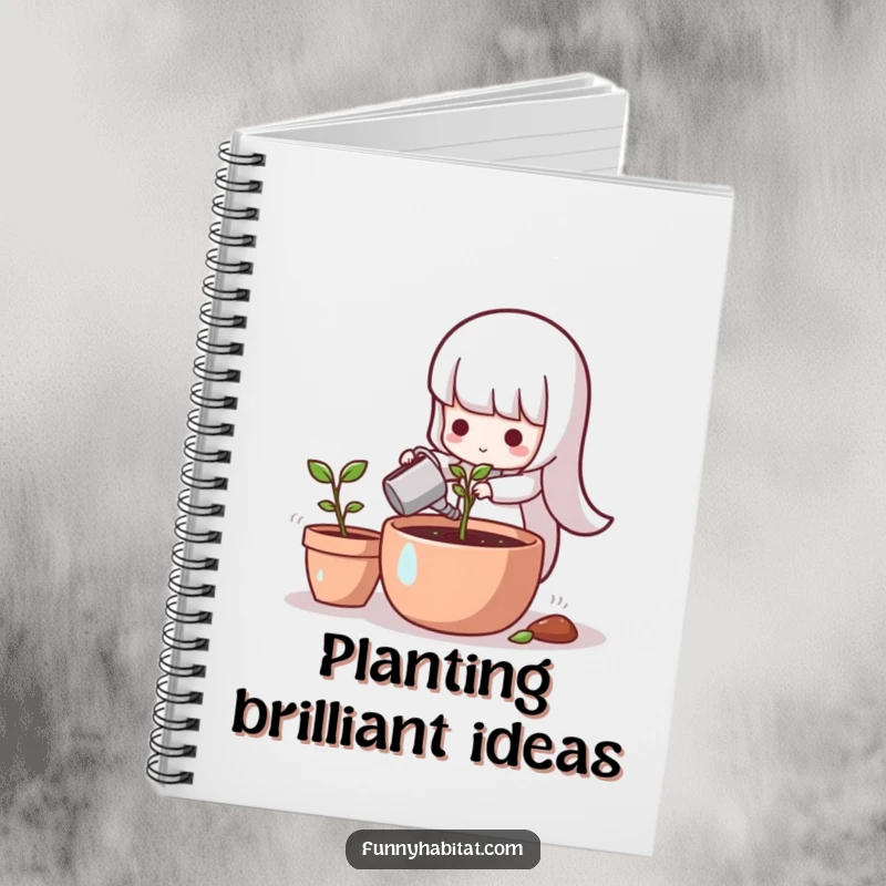 Funny character watering a tiny sprout in a pot, on a ruled notebook cover.