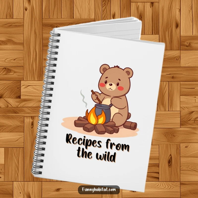 Funny bear character happily stirring a pot over a small campfire, a humorous and inspiring notebook for chefs.